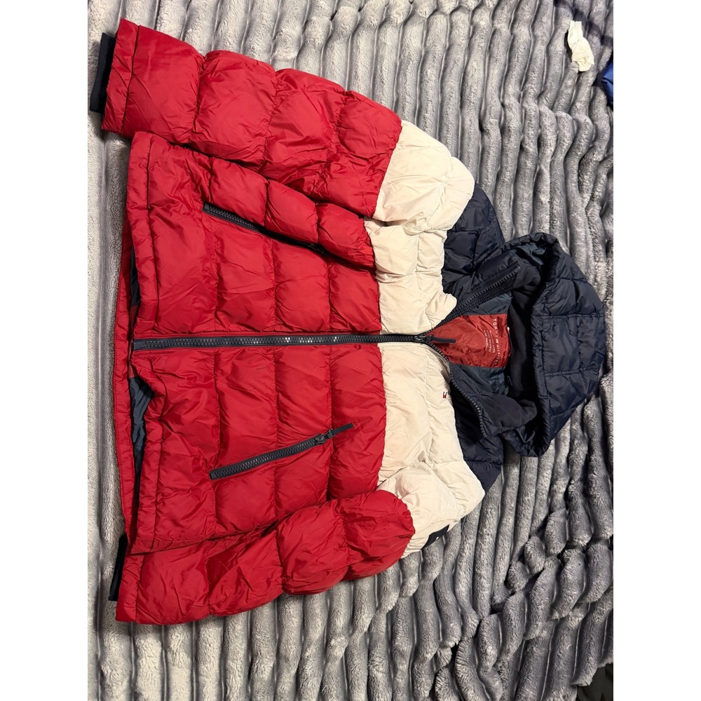 Tommy Hilfiger Mens Colorblock Puffer Jacket Red White Navy Blue Hooded Coat